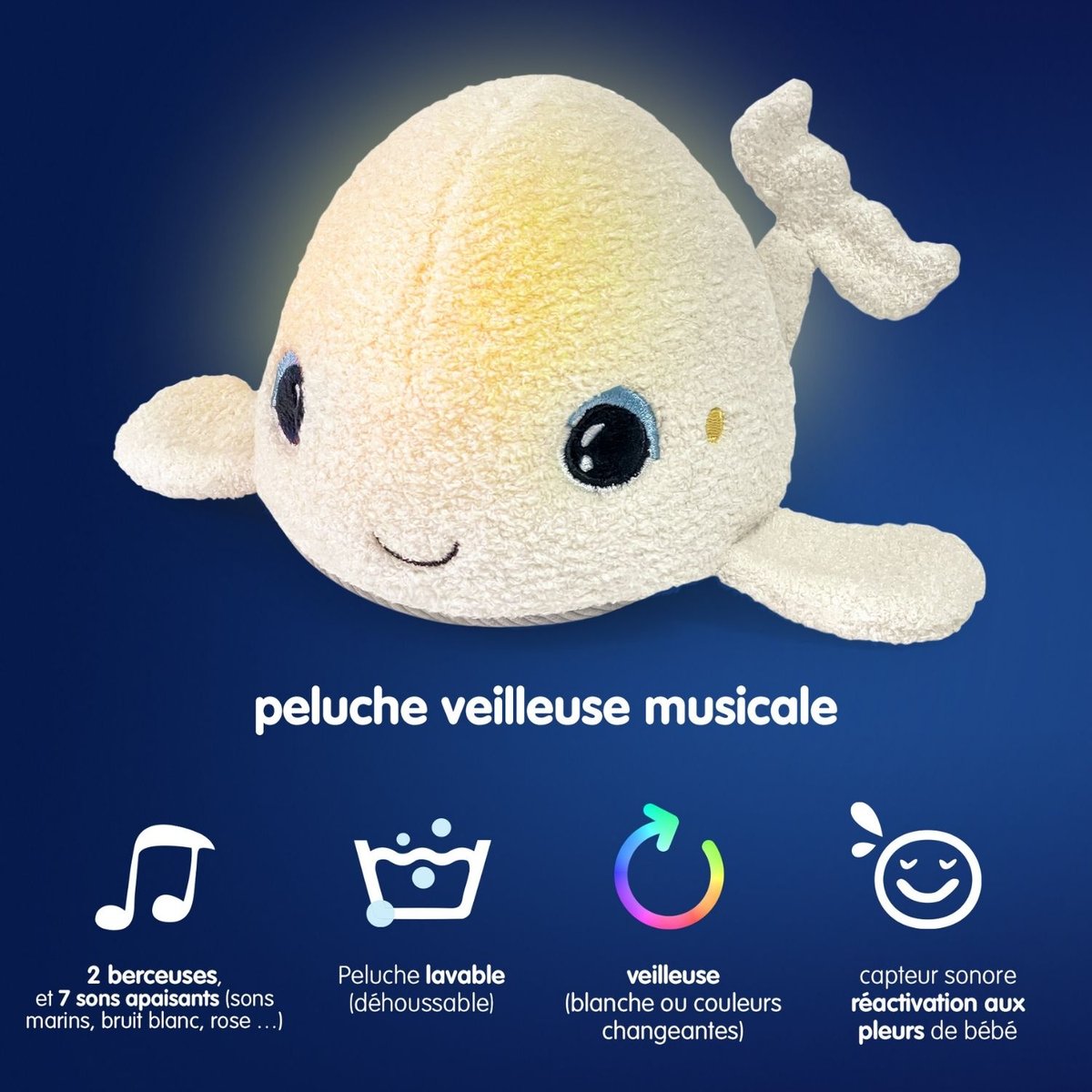 Veilleuse peluche bruits blancs et roses Beluga ecru, PABOBO