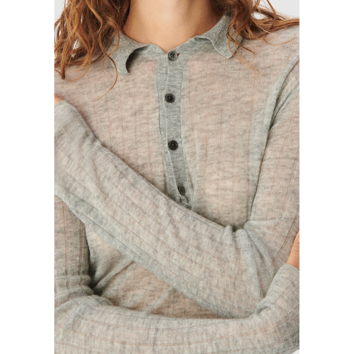 Pull col polo V tricot gris clair, IKKS