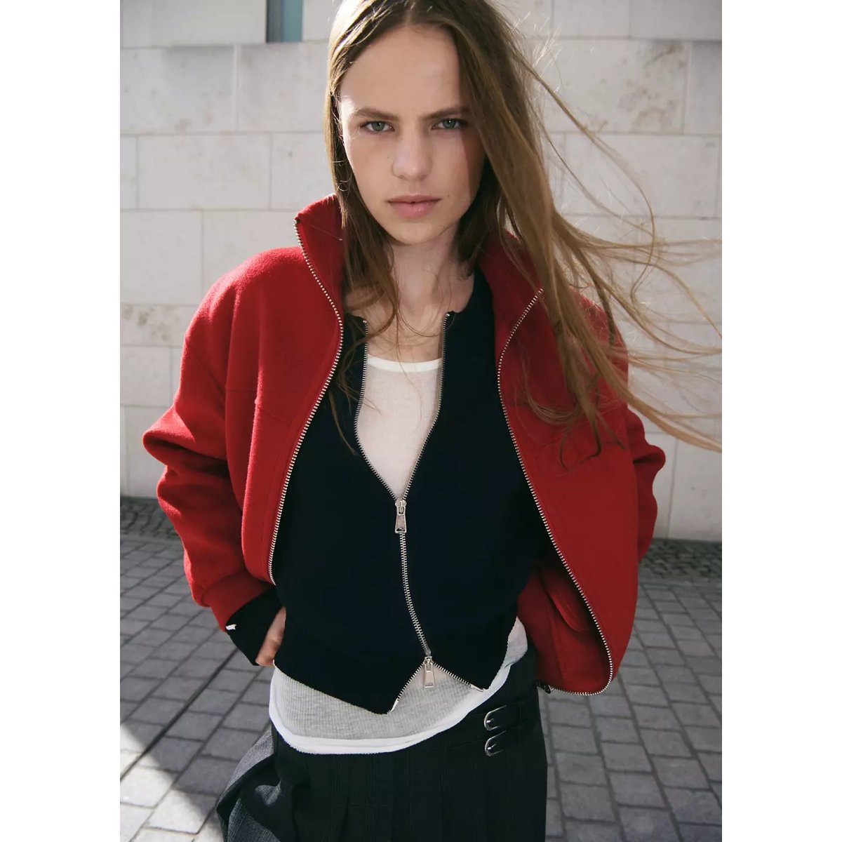 Veste bomber en laine mélangée rouge, MANGO