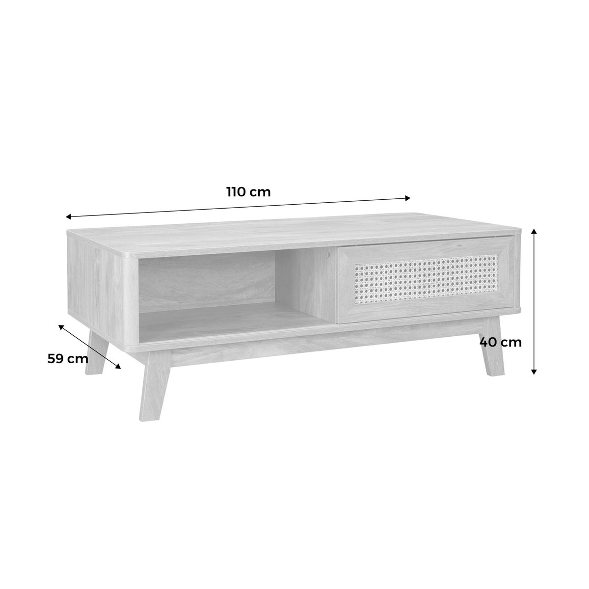 Table basse rectangulaire décor bois et cannage 1 porte coulissante MANI naturel, SWEEEK