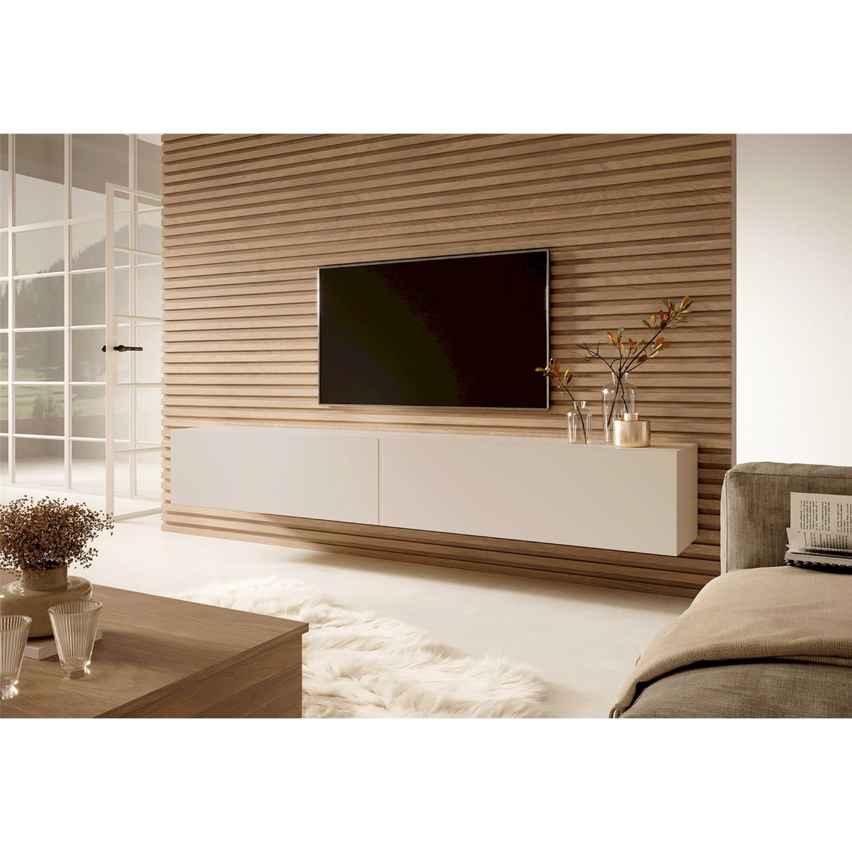 Meuble tv suspendu bois collection BISIRA cachemire, RECOLLECTION