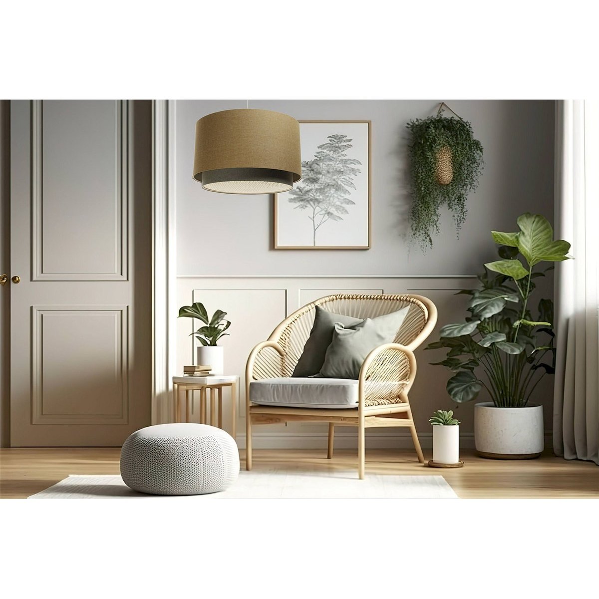 Suspension ronde en tissu et rotin Boho Elegant beige crème avec rotin naturel, BPS KONCEPT