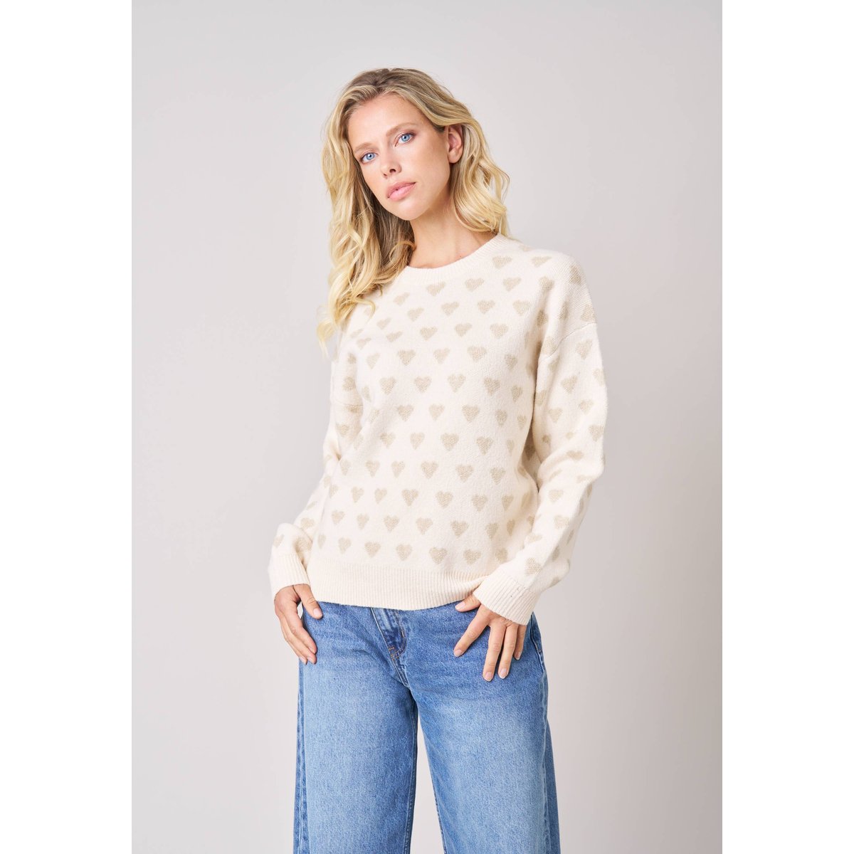Pull femme motif cœurs en maille douce CLEMY crème, DEELUXE