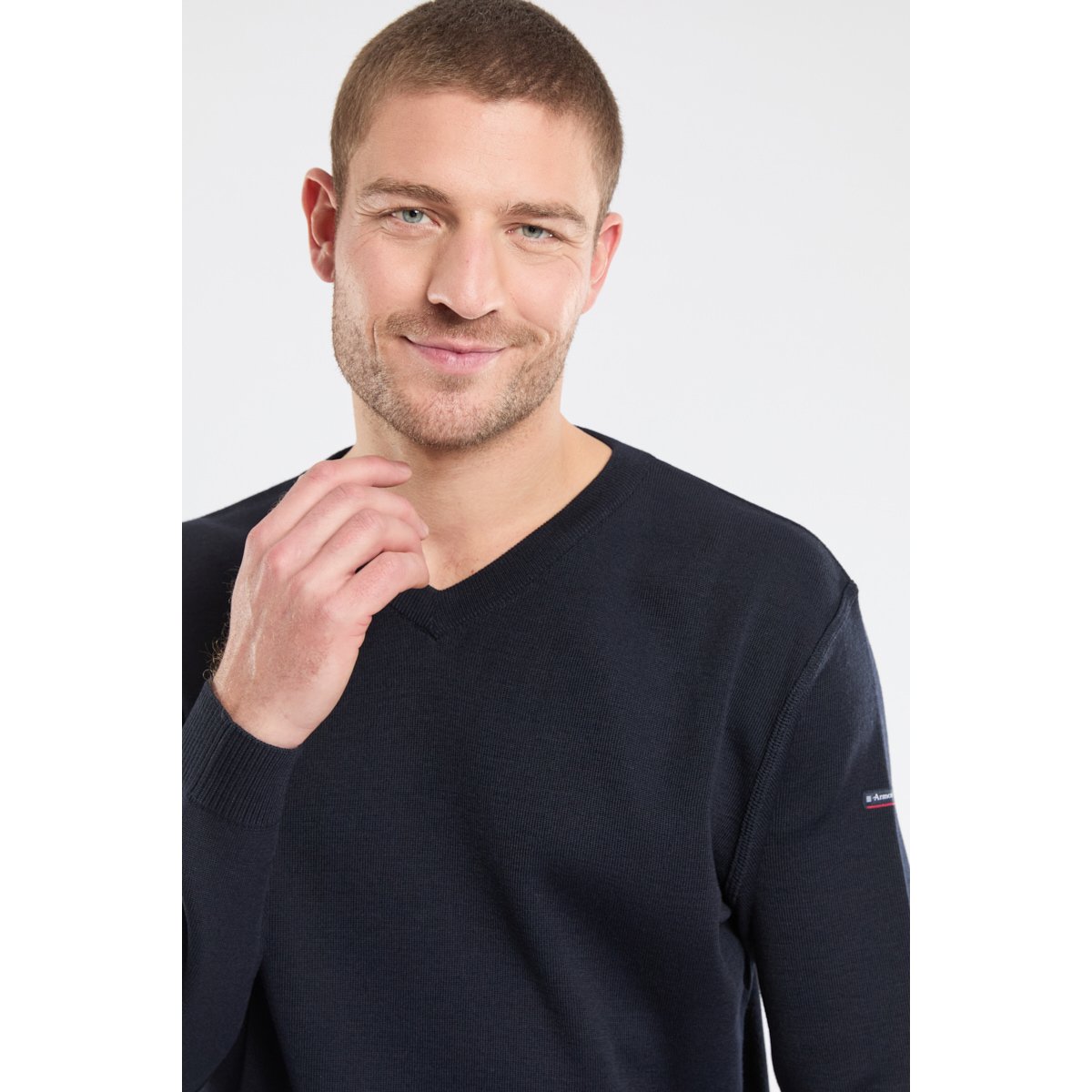 Pull col V en laine et acrylique rich navy, ARMOR-LUX