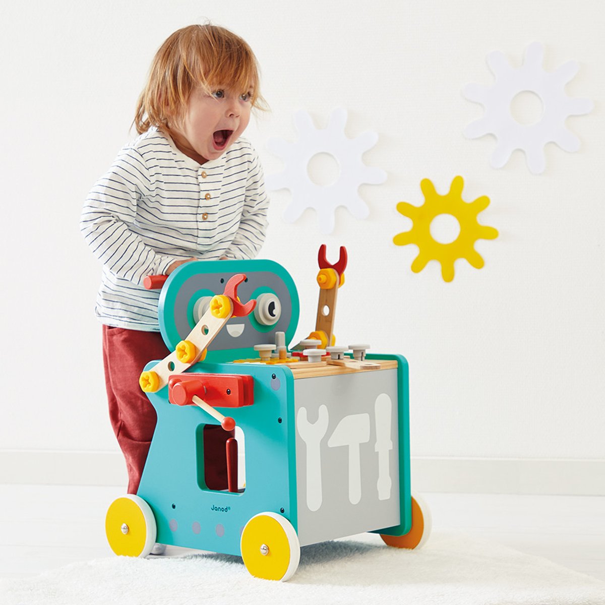 Chariot En Bois Robot multicolore, JANOD