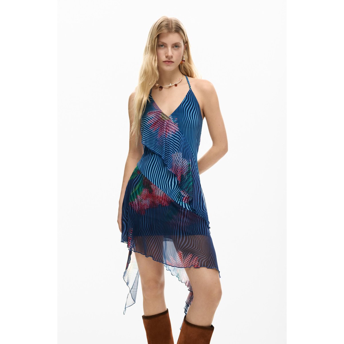 Robe à volants pixélisée bleu, DESIGUAL