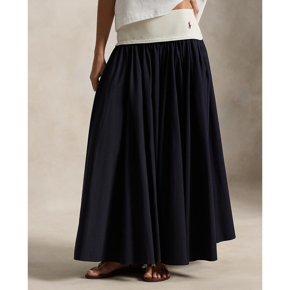 Jupe longue évasée à taille élastiquée marine, POLO RALPH LAUREN