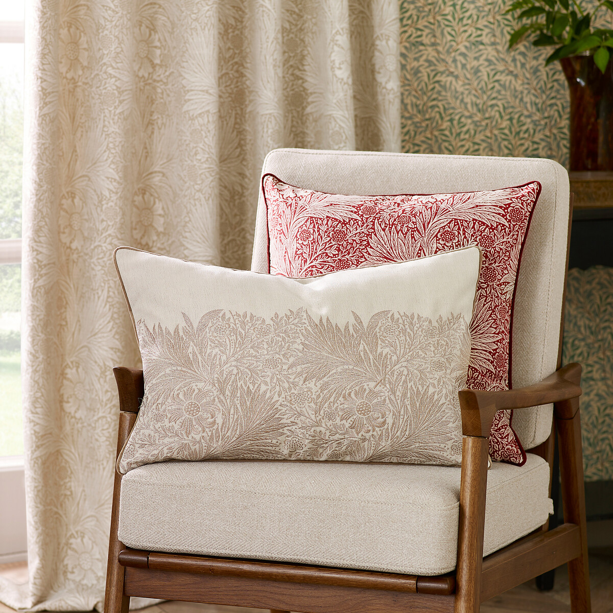 Marigold Embroidered Piped Feather Filled Cushion raw linen, MORRIS & CO.
