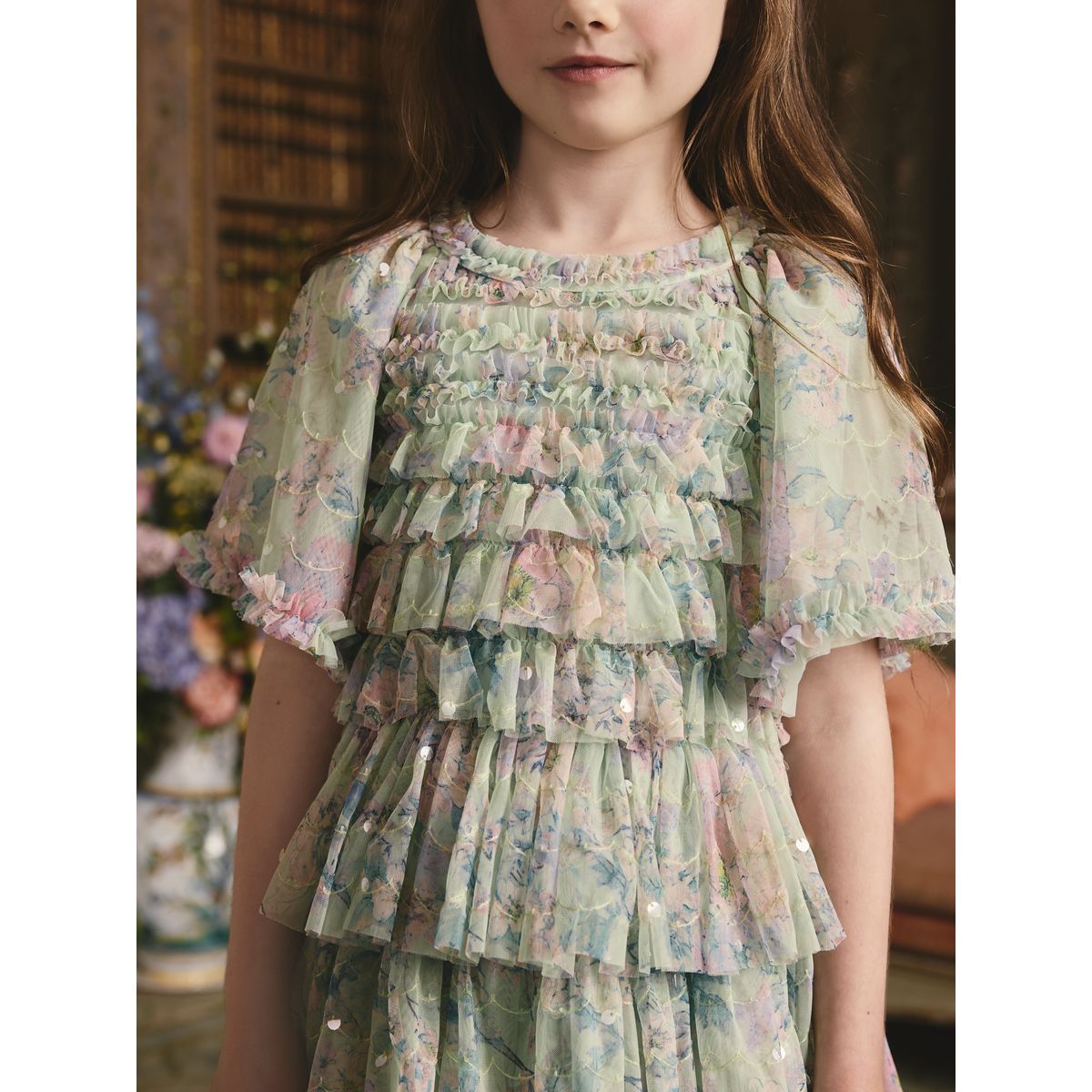 Robe en tulle à volants et fleurs sequins vert menthe, NEXT
