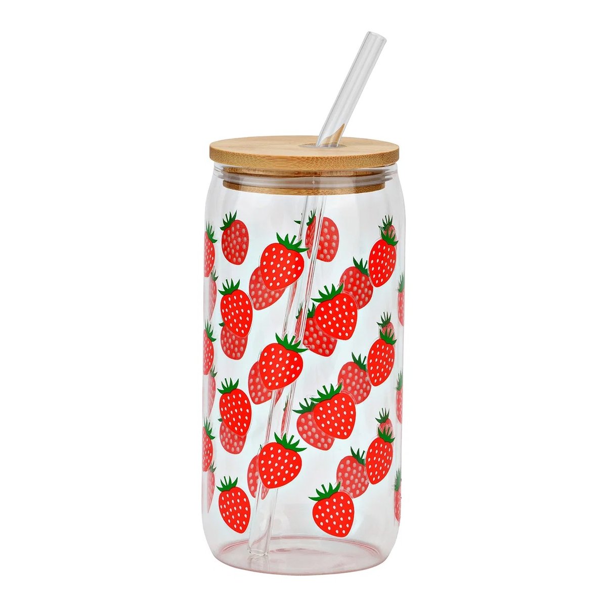 Gourde avec couvercle et paille en verre Fraises rouge, EDEN
