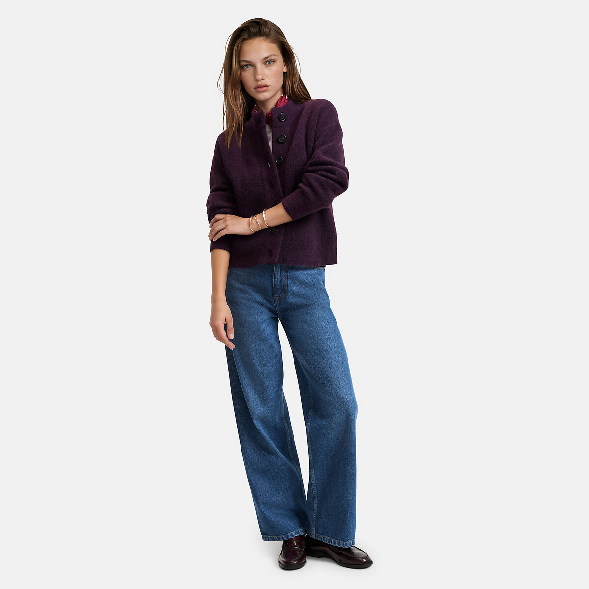 Chaqueta de cuello alto de punto grueso violeta oscuro, LA REDOUTE COLLECTIONS