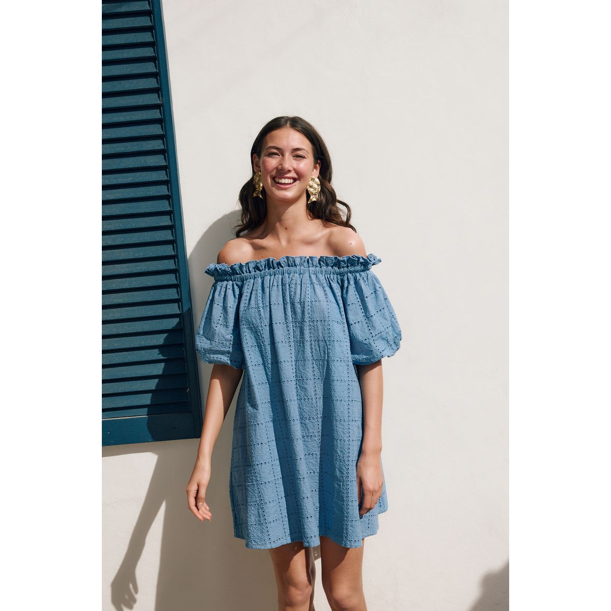 Robe courte brodée à épaules dénudées bleu, NEXT