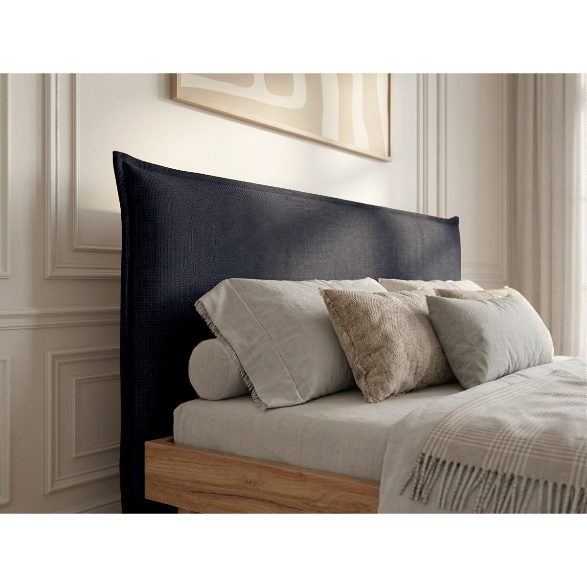 Lit bois revêtement tissu texturé, CHARLIE bleu foncé, BOBOCHIC