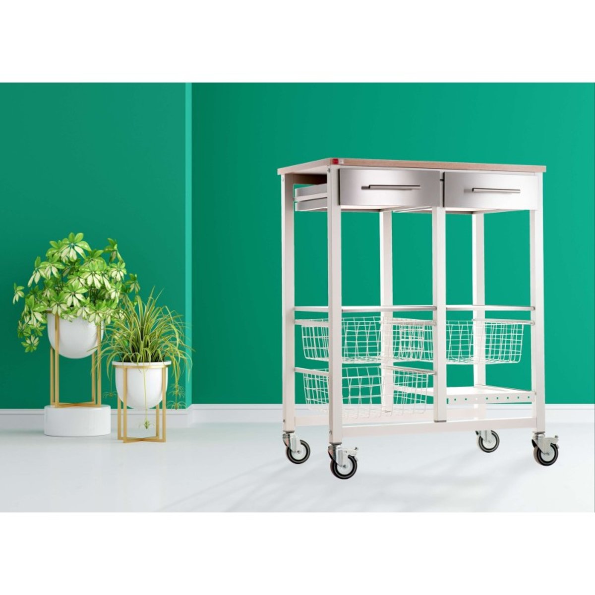 Chariot de cuisine ONDA DOBLE, Chariot métallique double avec 3 paniers, 2 tiroirs, porte-bouteilles blanc, DON HIERRO