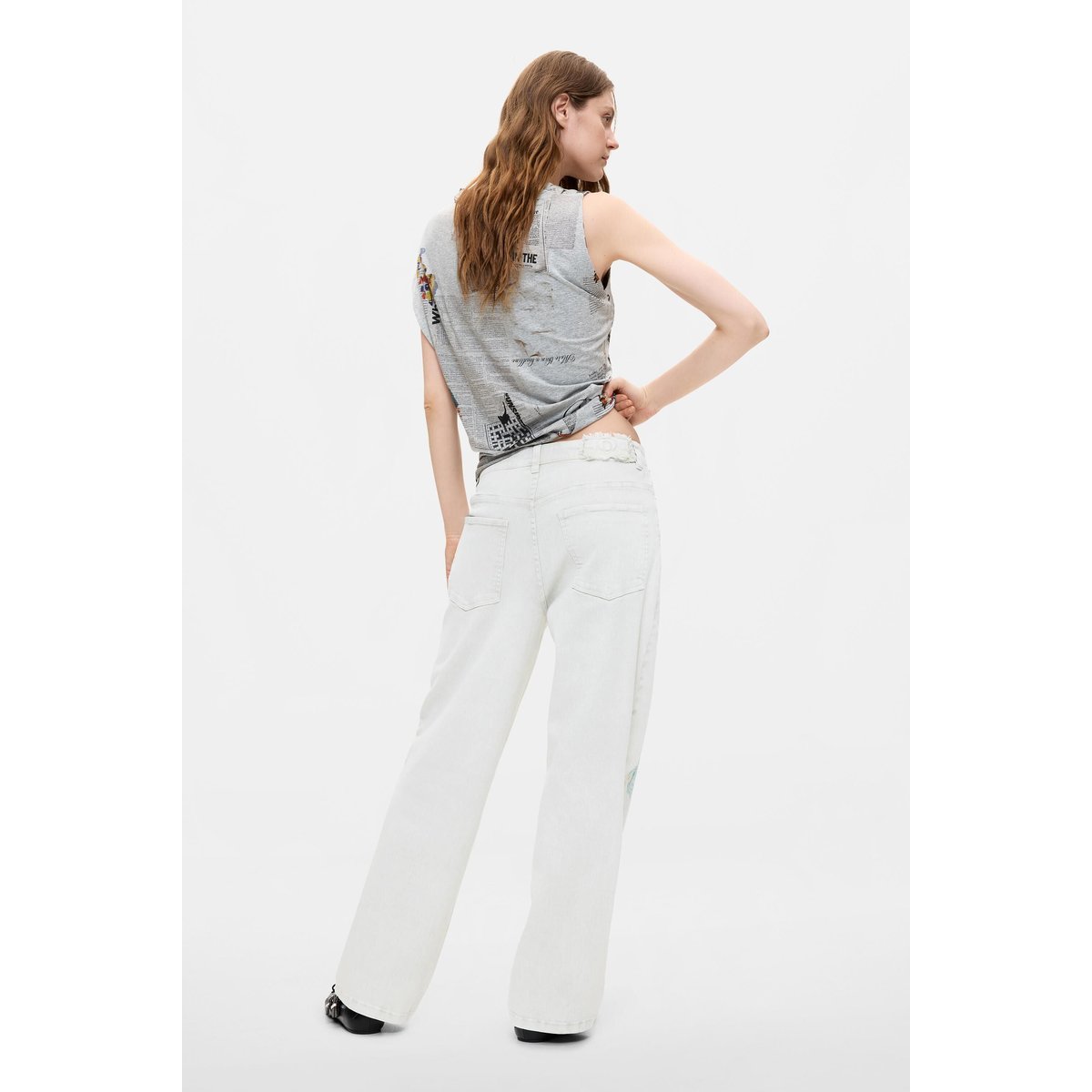 Pantalon en jean ballon imprimé beige, DESIGUAL