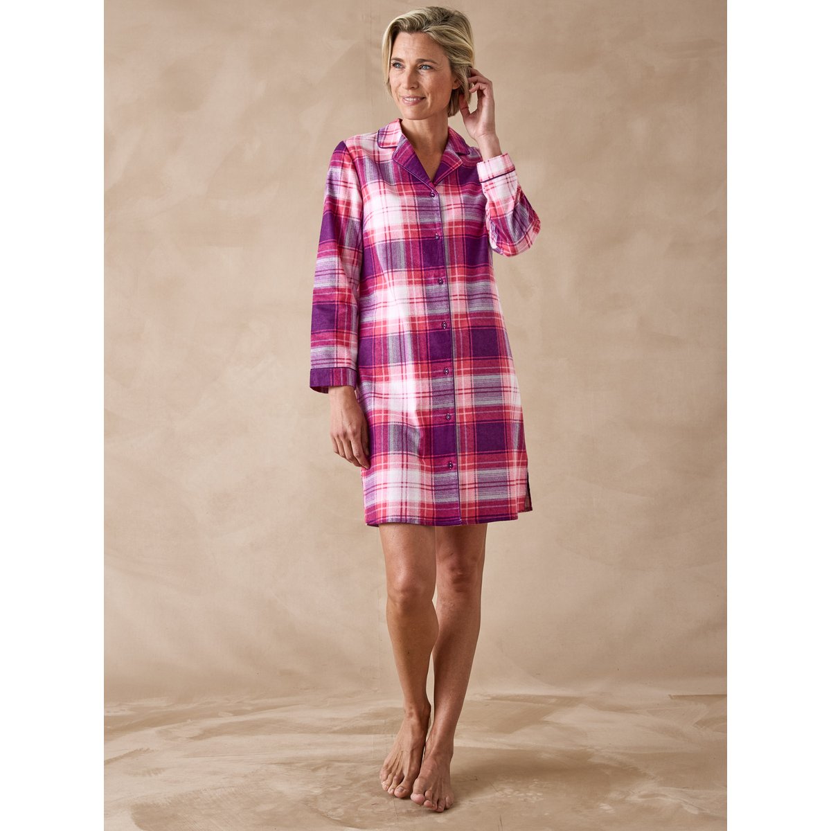 Chemise de nuit boutonnée chaude carreaux rose, DAXON