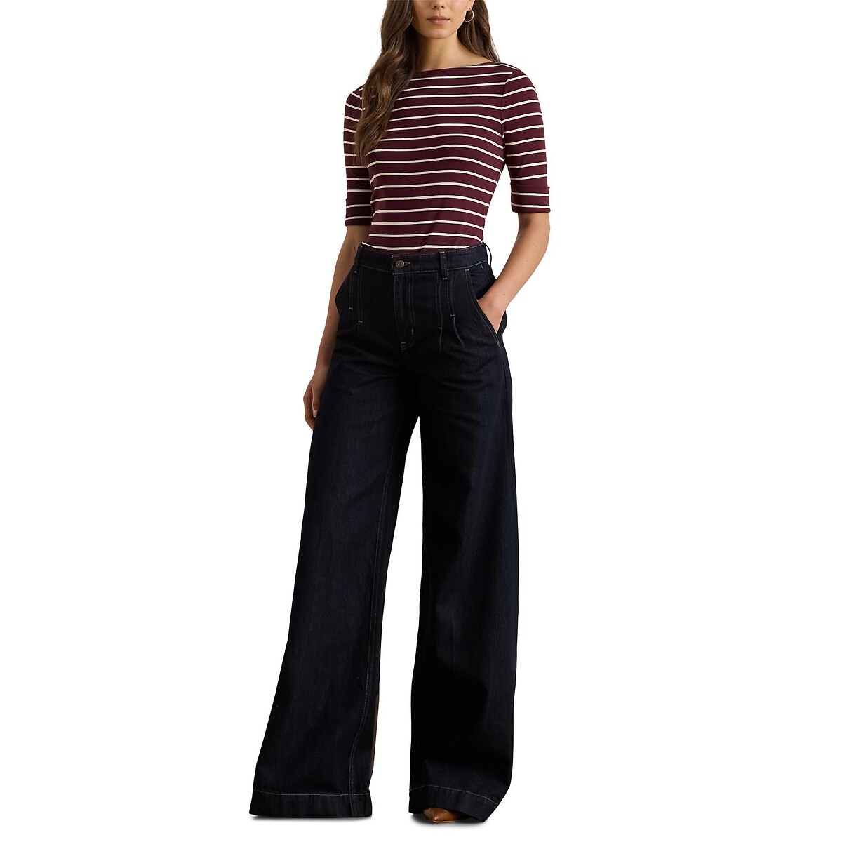 Judy Striped Boat Neck T-Shirt with Short Sleeves burgundy striped/white, LAUREN RALPH LAUREN