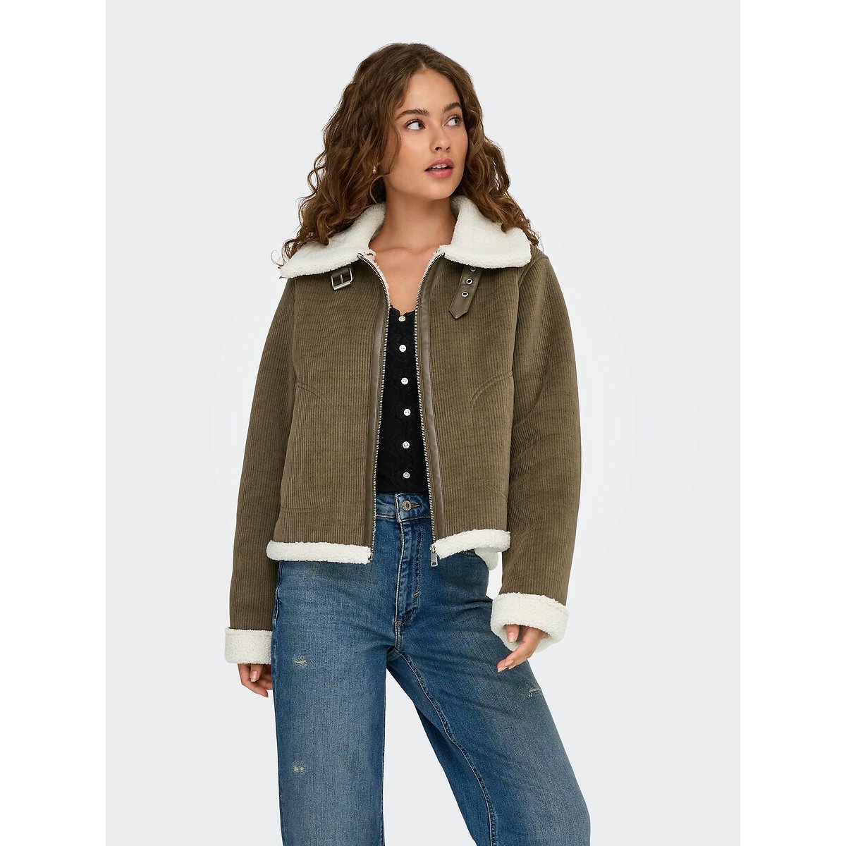 Manteau court bombardier en velours marron, ONLY