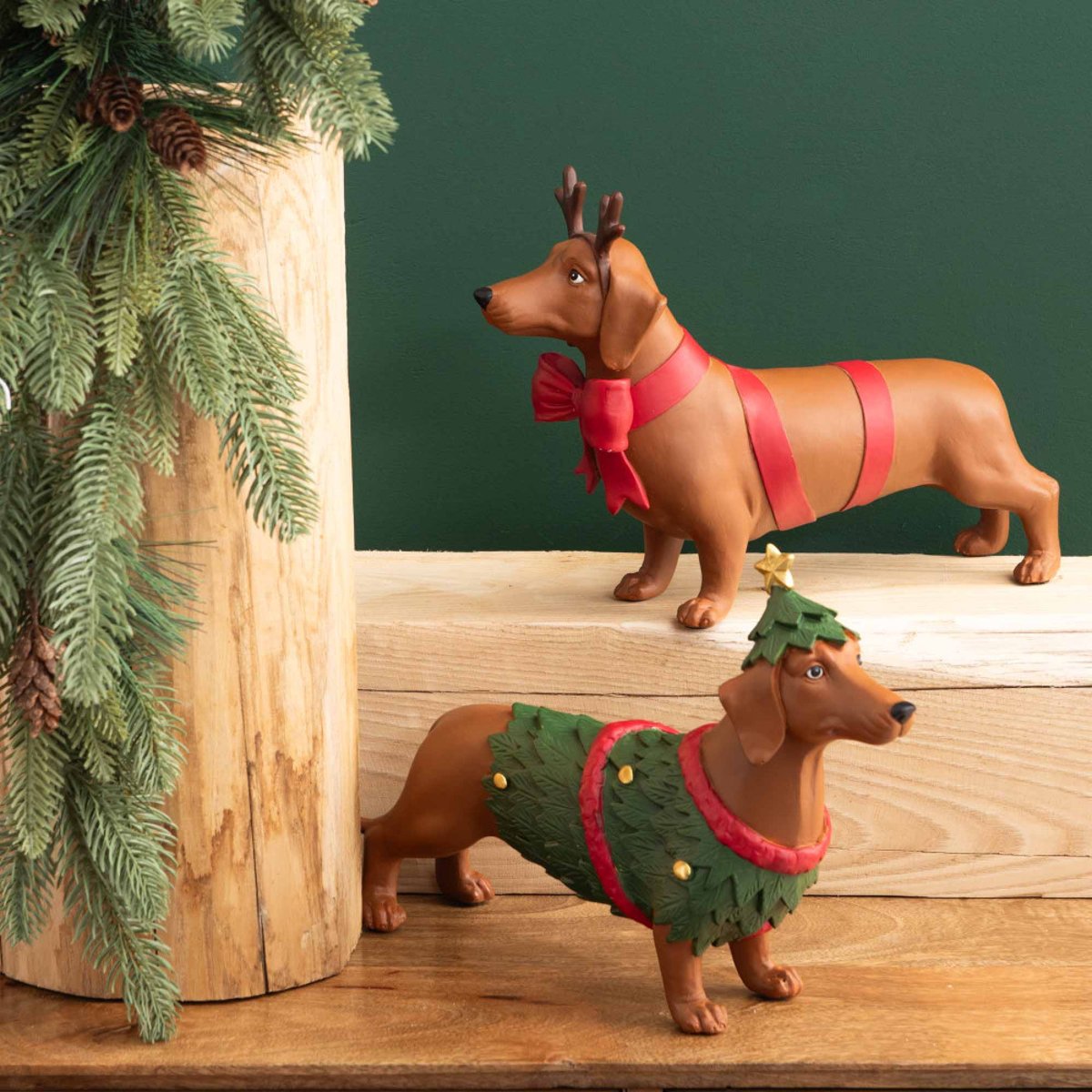 Teckel de Noël nœud rouge 21X33 cm en résine marron, AMADEUS
