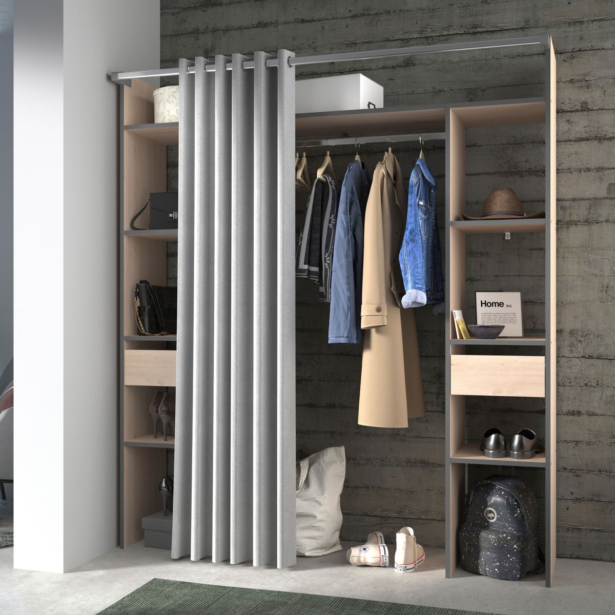 Dressing  2 colonnes coloris bois naturel avec rideau et détails bois naturel, TERRE DE NUIT