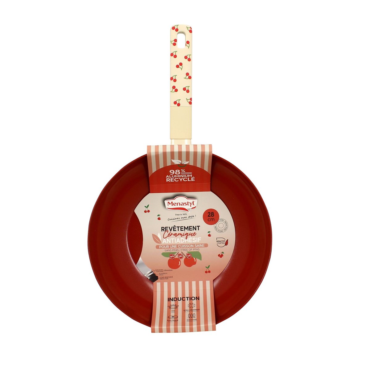 Wok 28cm en aluminium, CERISE beige-rouge, MENASTYL