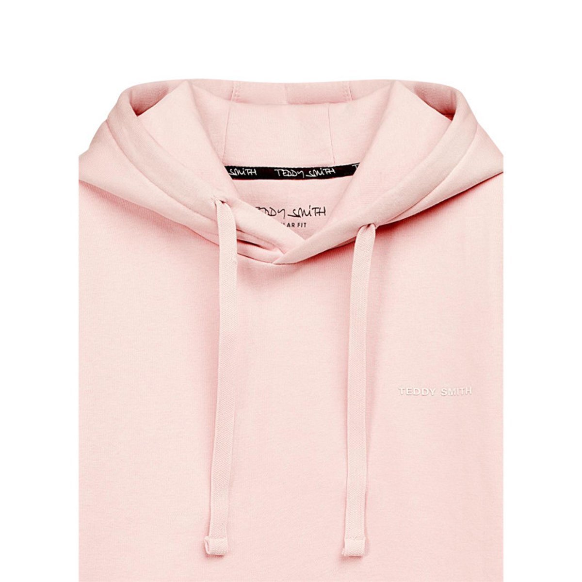 Sweat en coton mélangé bleu clair à coupe droite pourvu d'un col à capuche rose, TEDDY SMITH
