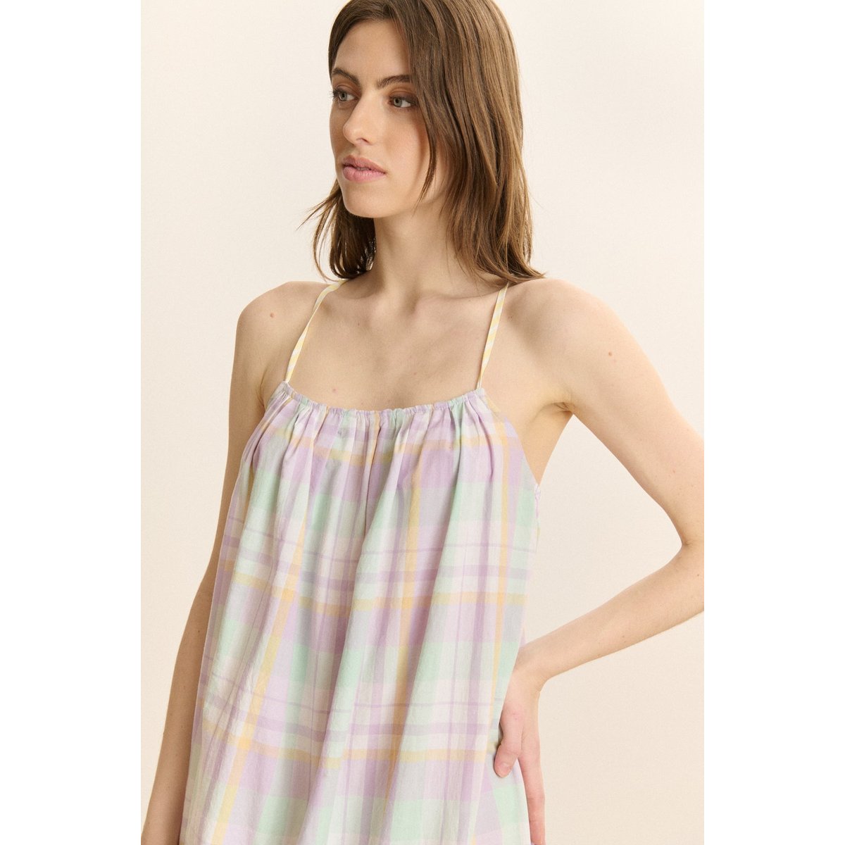 Robe longue à carreaux en bretelles VANUATU lilas, GARANCE PARIS