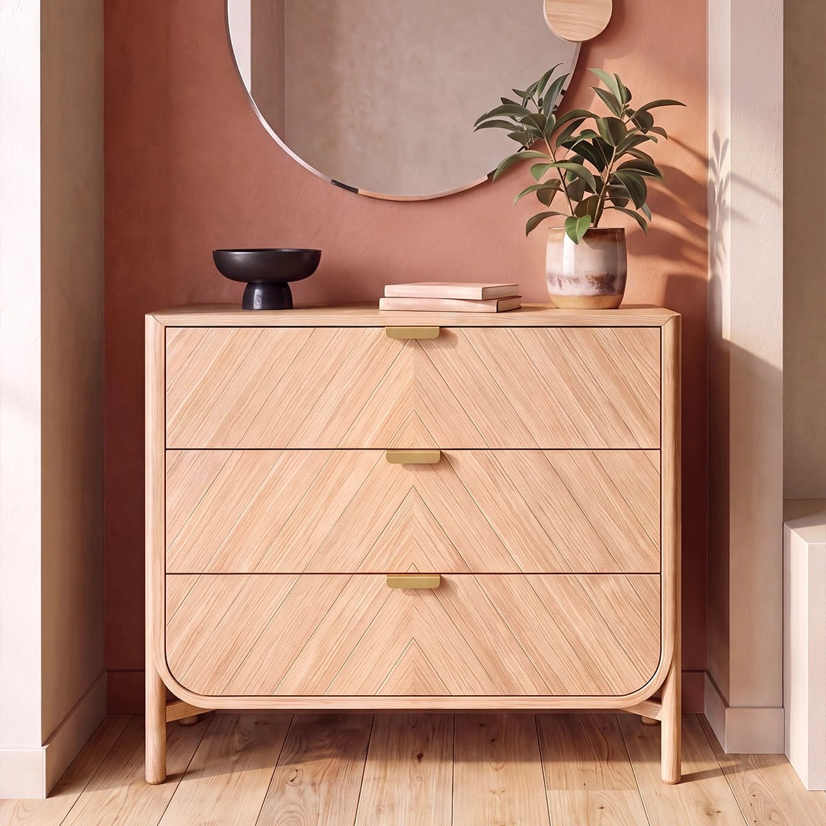 Commode en chêne teinté à 3 tiroirs, poignées en laiton, MARIUS chêne, HARTO