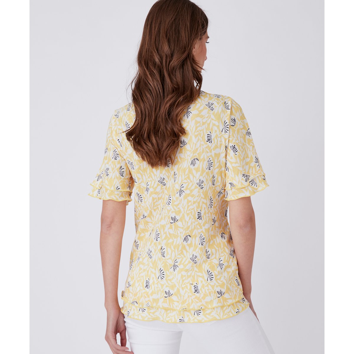 Tee-shirt maille plissée esprit volants jaune fleuri, DAMART