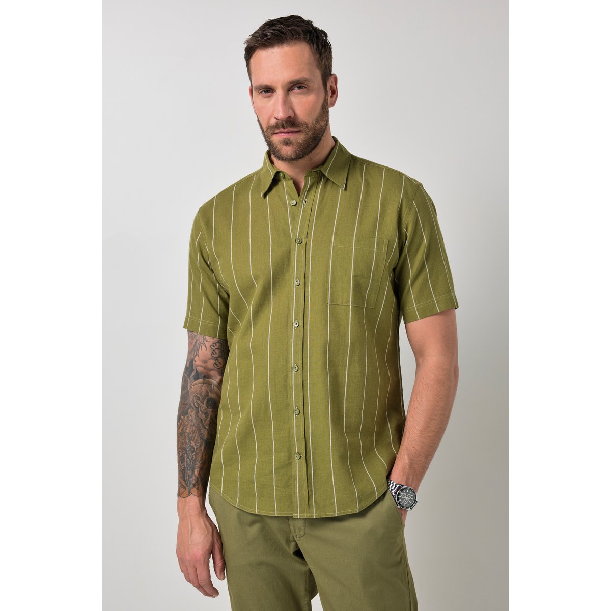 Chemise rayé en lin mélangé vert, JP1880