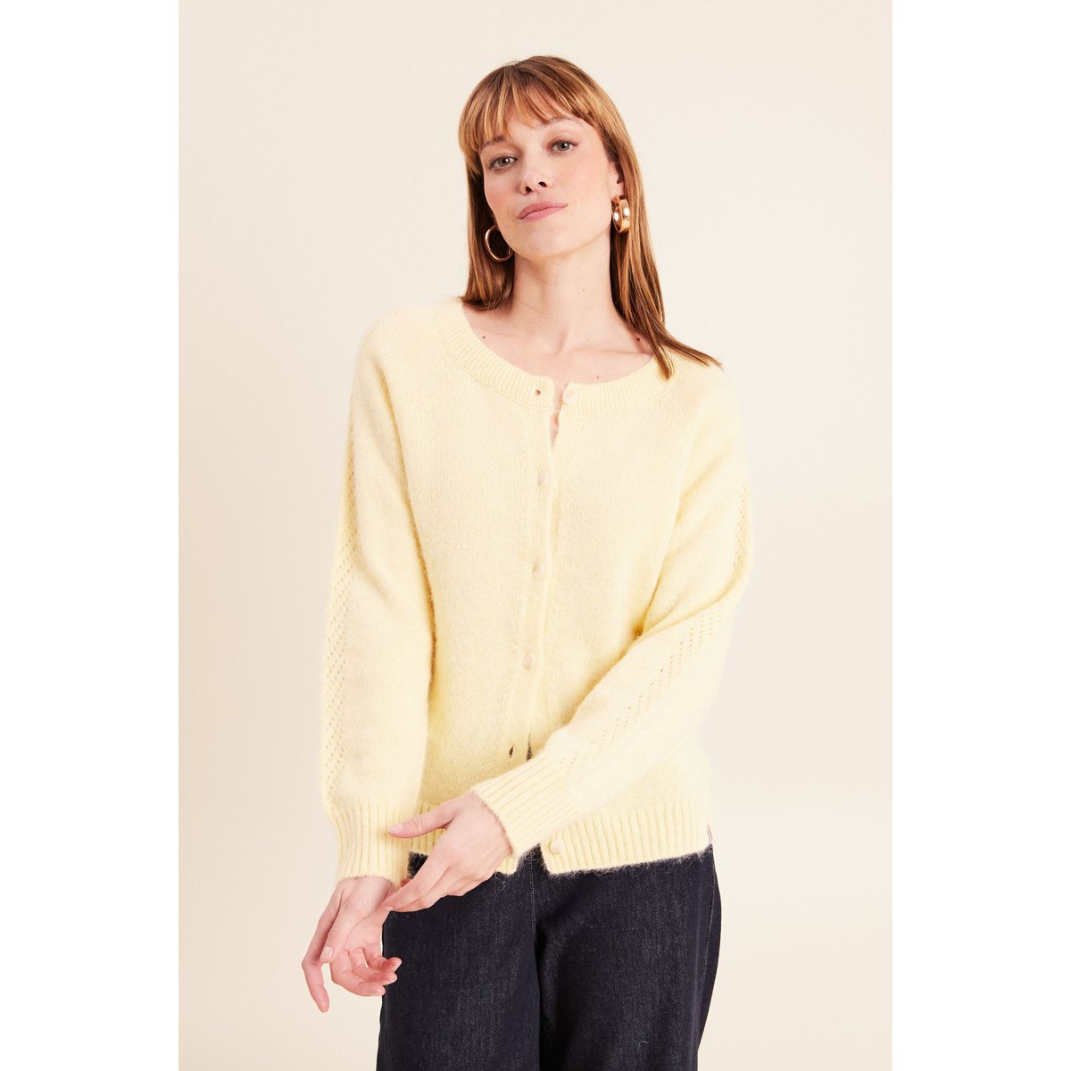 Gilet manches longues col rond jaune pastel, BREAL