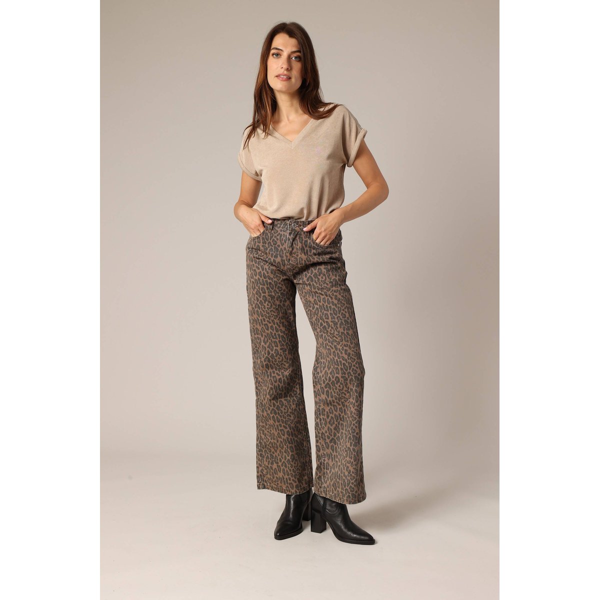 Jean flare 100% coton à motif léopard tendance PRISTY camel, DEELUXE