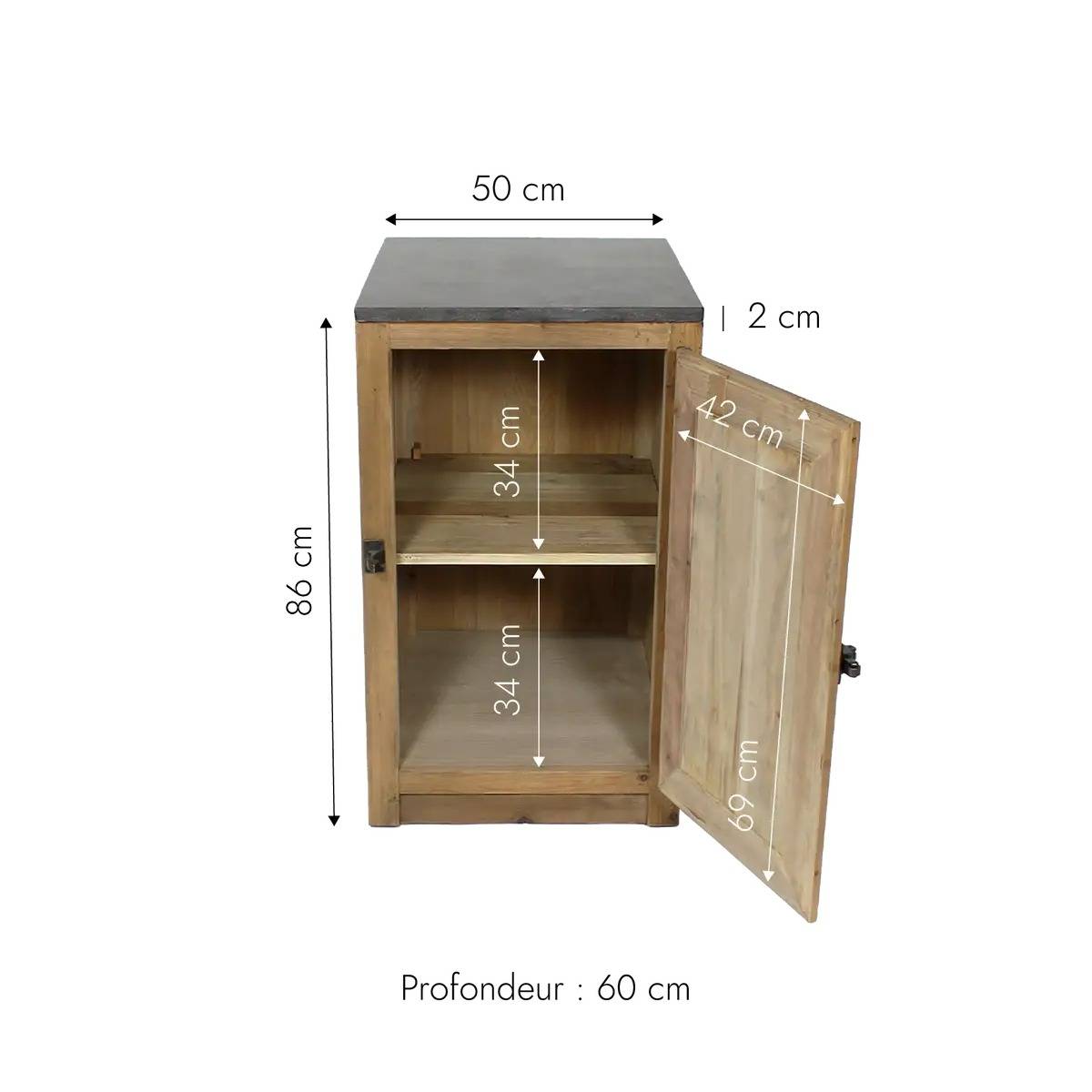 Meuble bas de cuisine en bois recyclé et pierre bleue CHAMPÊTRE bois clair, MADE IN MEUBLES