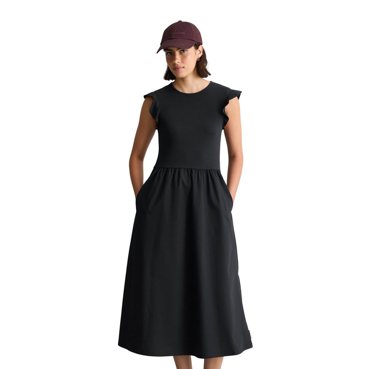 Robe en jersey à volants flared avec jupe en popeline de coton bleu foncé, MARC O’POLO DENIM