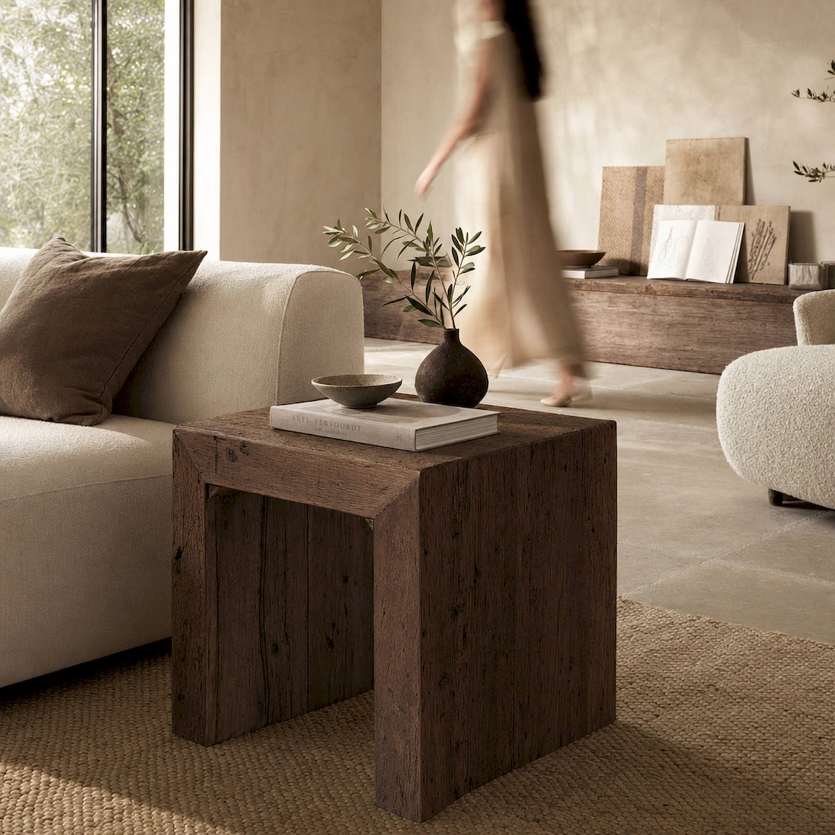 Table basse rustique en bois brun finition vieillie, RECOLLECTION