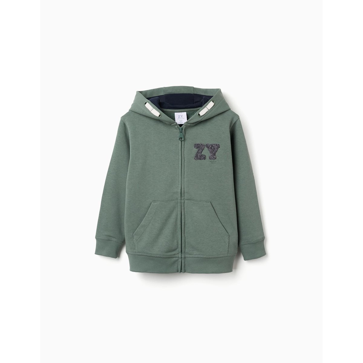 Sweat zippé en coton avec capuche et broderie en bouclettes ZY vert foncé, ZIPPY