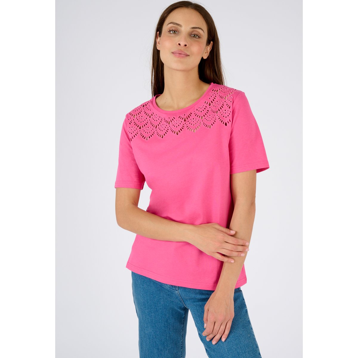 T-shirt broderies ajourées rose framboise, DAMART