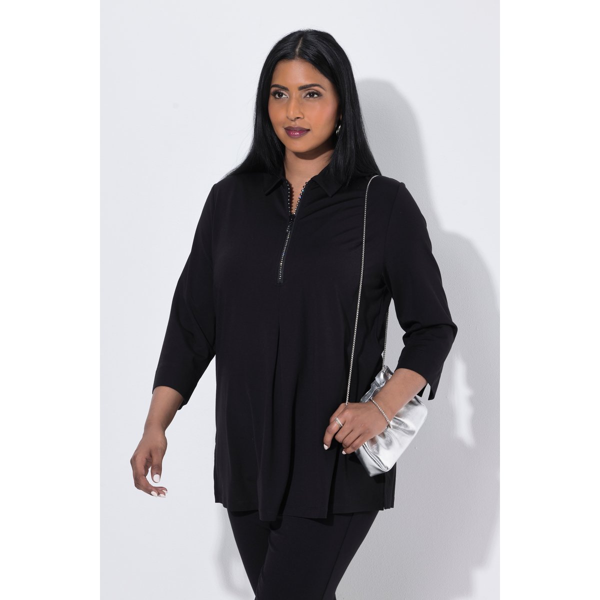 Blouse point de Rome, col chemise noir, ULLA POPKEN
