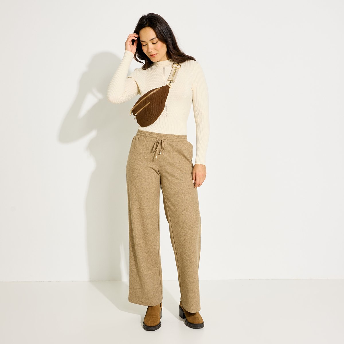 Pantalon droit ample chaud maille beige, GRAIN DE MALICE