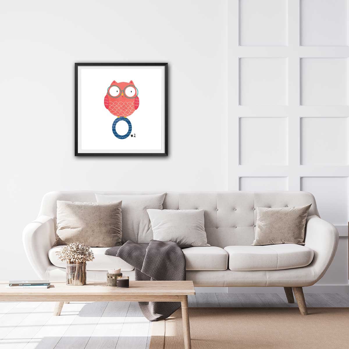 Affiche enfant o comme owl affiche + cadre en bois - noir, HEXOA
