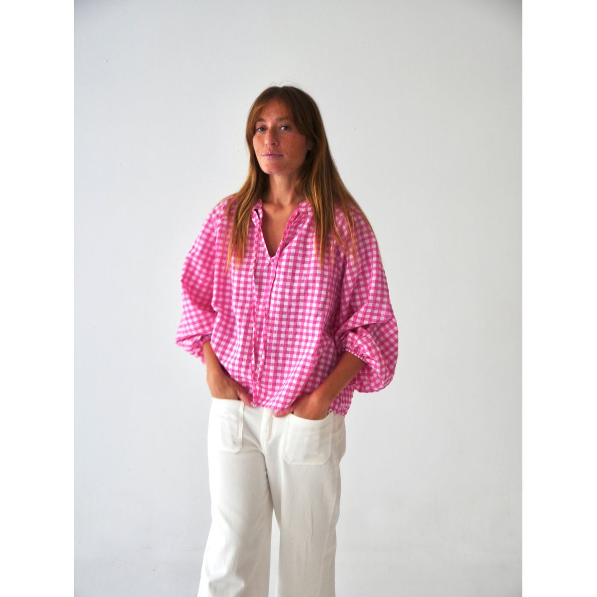 Blouse vichy col noué MATILDE rose / fuchsia, MINDTRAVELER