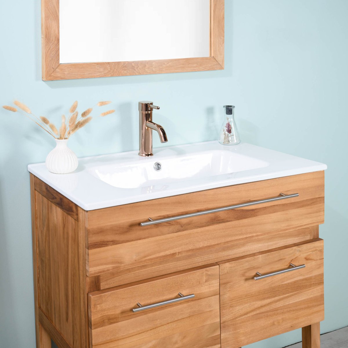 Meuble salle de bain en teck et céramique Bagster 80 cm crème, WANDA COLLECTION