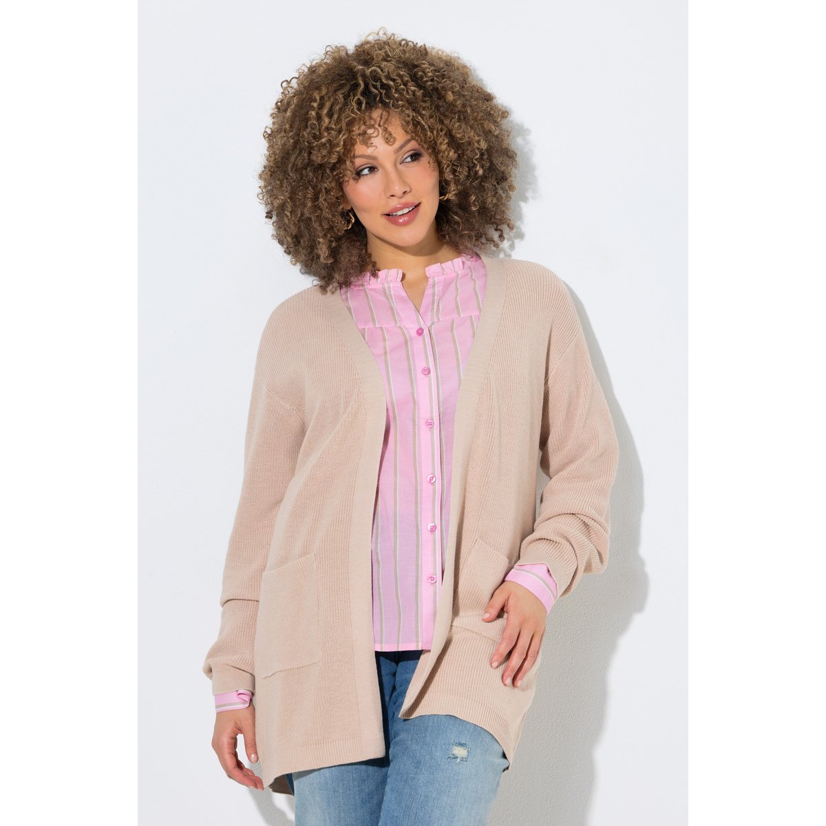 Cardigan en maille côtelée, sans fermeture beige mélangé, ULLA POPKEN