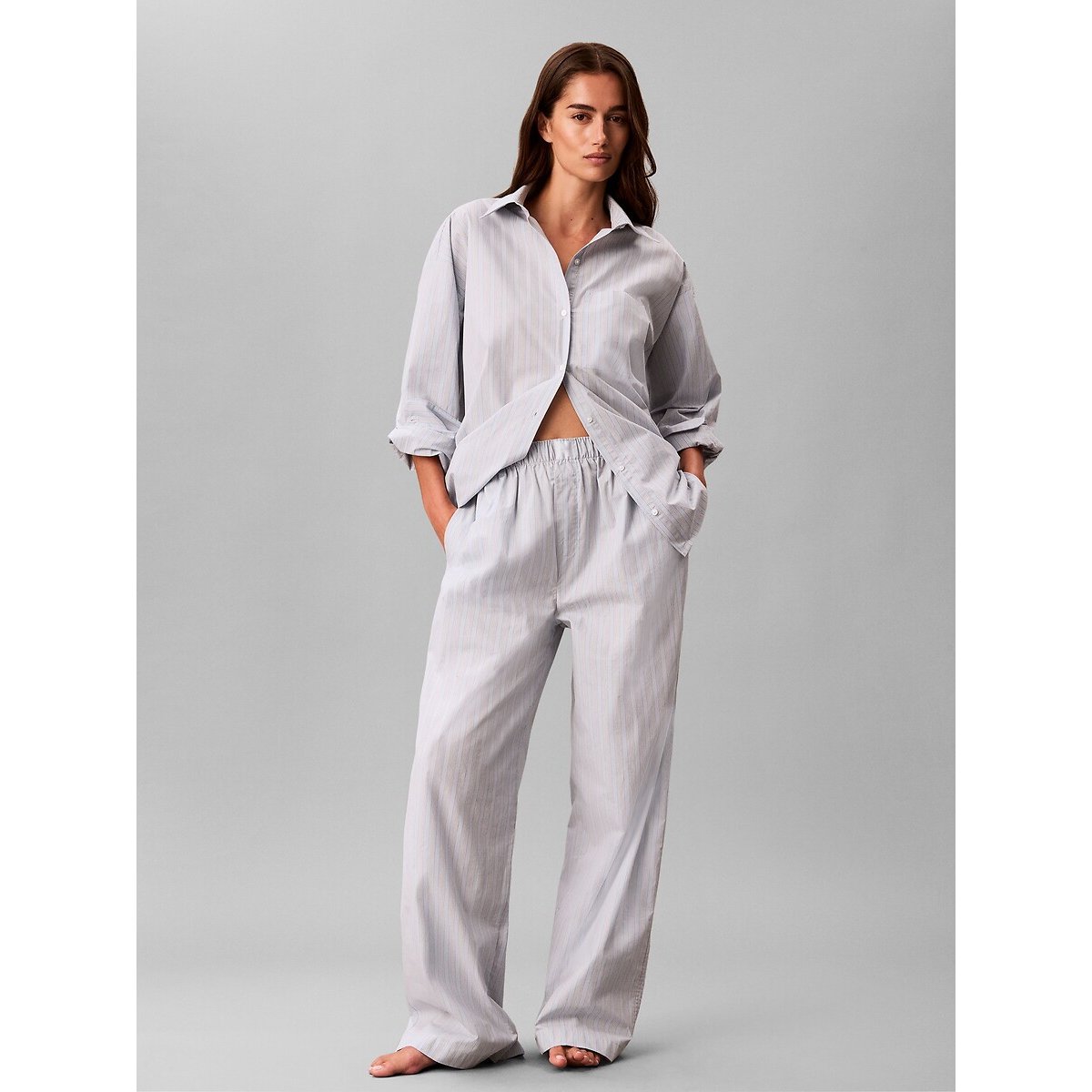 Pantalon de pyjama rayé en popeline rayé bleu clair, CALVIN KLEIN UNDERWEAR