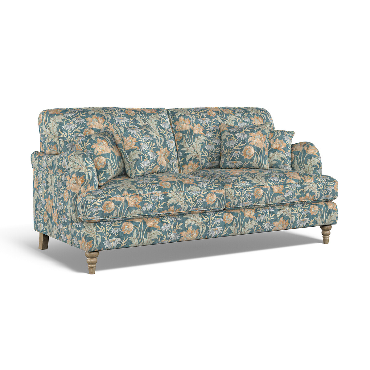 Emeline Floral Chenille 3 Seater Sofa with Oak Feet blue/floral print, ÉDITÉ