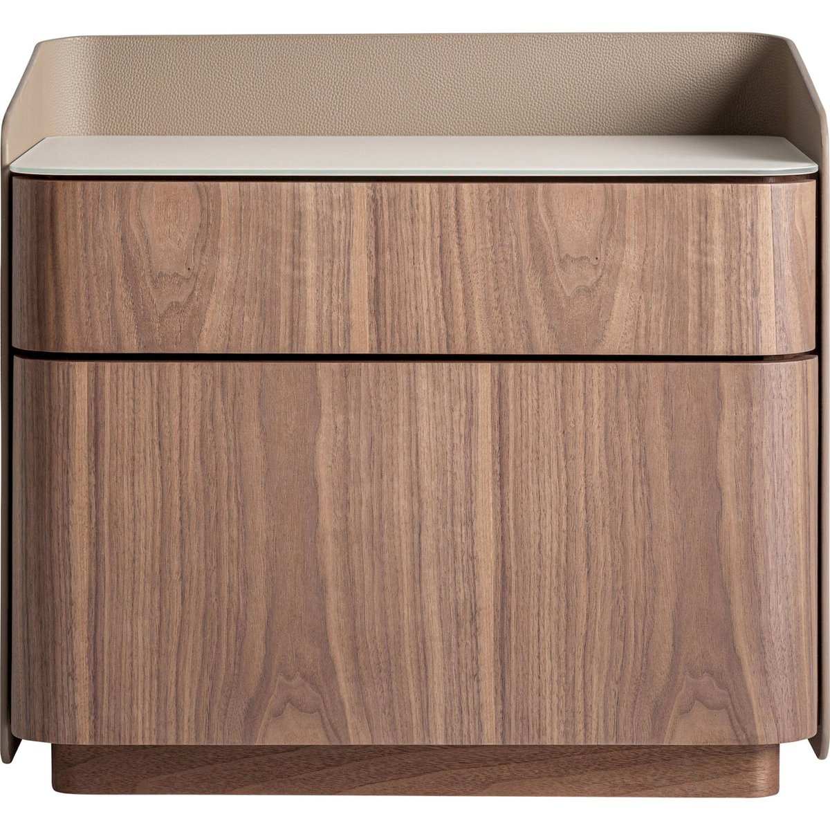 Table de chevet contemporaine en bois noyer, beige et verre blanc, RECOLLECTION