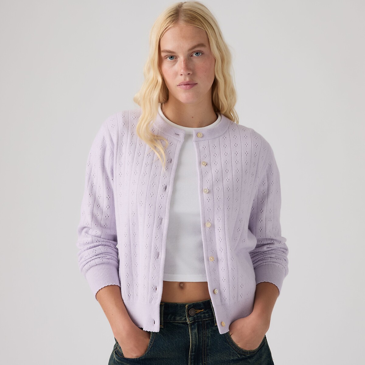 Cárdigan de cuello redondo con punto calado lila, LEVI'S