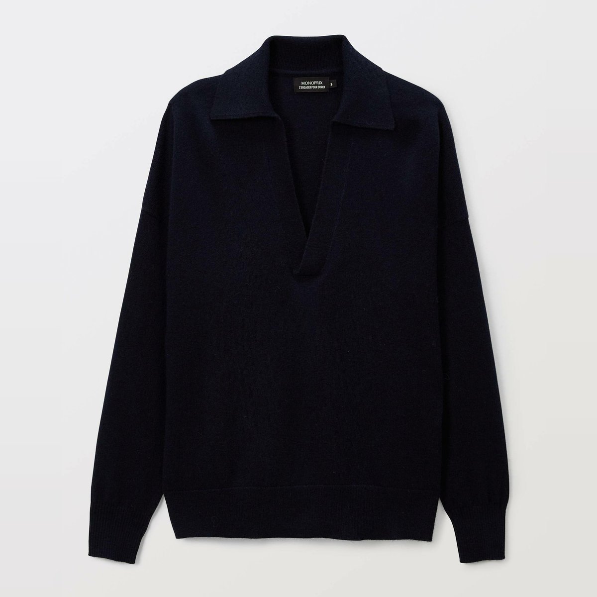 Pull col polo uni contenant de la laine et du cachemire marine, MONOPRIX