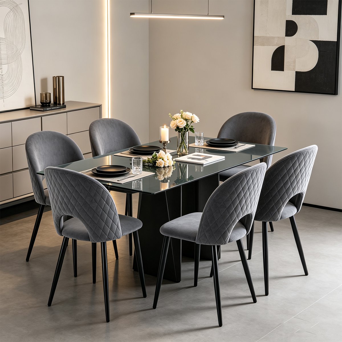 Lot de 6 chaises de salle à manger style industriel en velours, BANZEL gris, MEUBLES COSY