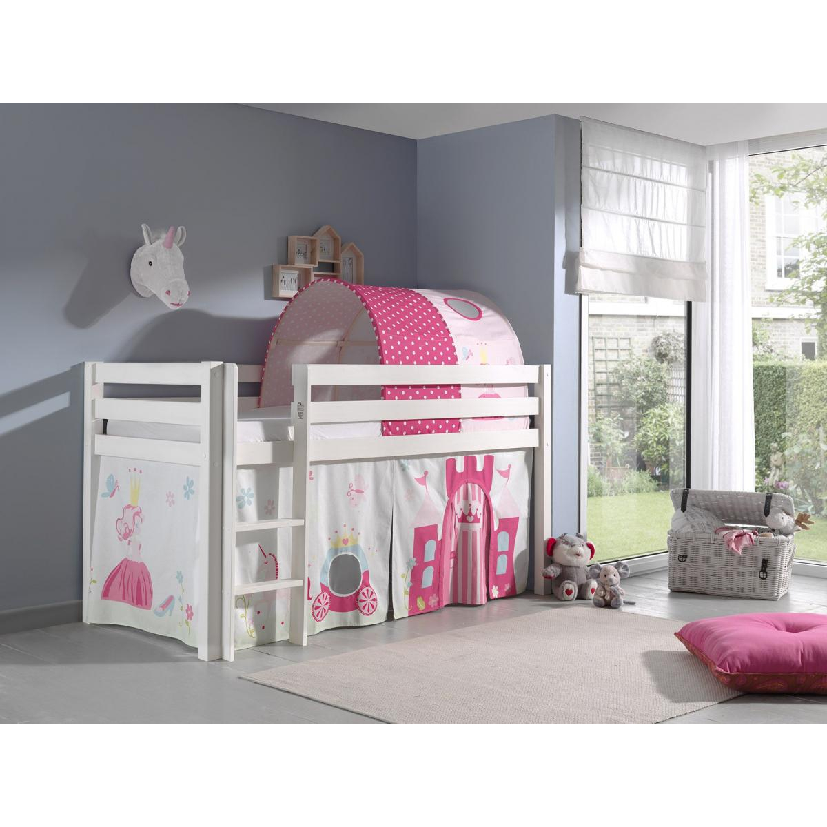 PINO Lit sureleve en pin massif avec sommier + rideau + tunnel de lit princess couleur unique, VIPACK